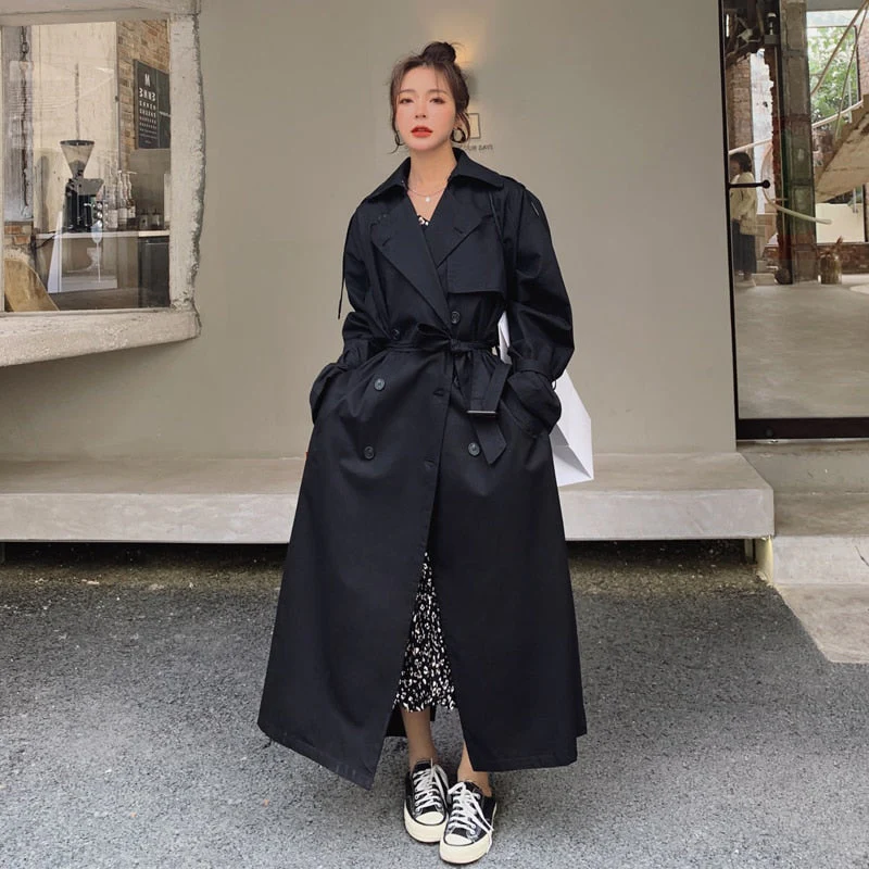 Korean Style Loose Oversized X-Long Women's Trench Coat Double-Breasted Belted Lady Cloak Windbreaker Spring Fall Outerwear Grey - Deanwangkt