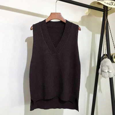 Autumn Women's Sweater Vest V-neck Sleeveless Irregular Casual Loose Knitted Pullover Tops Female Outerwear - Deanwangkt