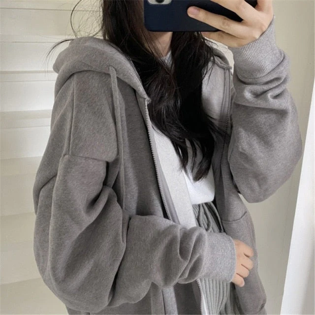 Women Korean Version Loose Hoodies Long Sleeve Zip Up Solid Pocket Oversized Sweatshirts Female Thin Harajuku Hooded Coat Top - Deanwangkt