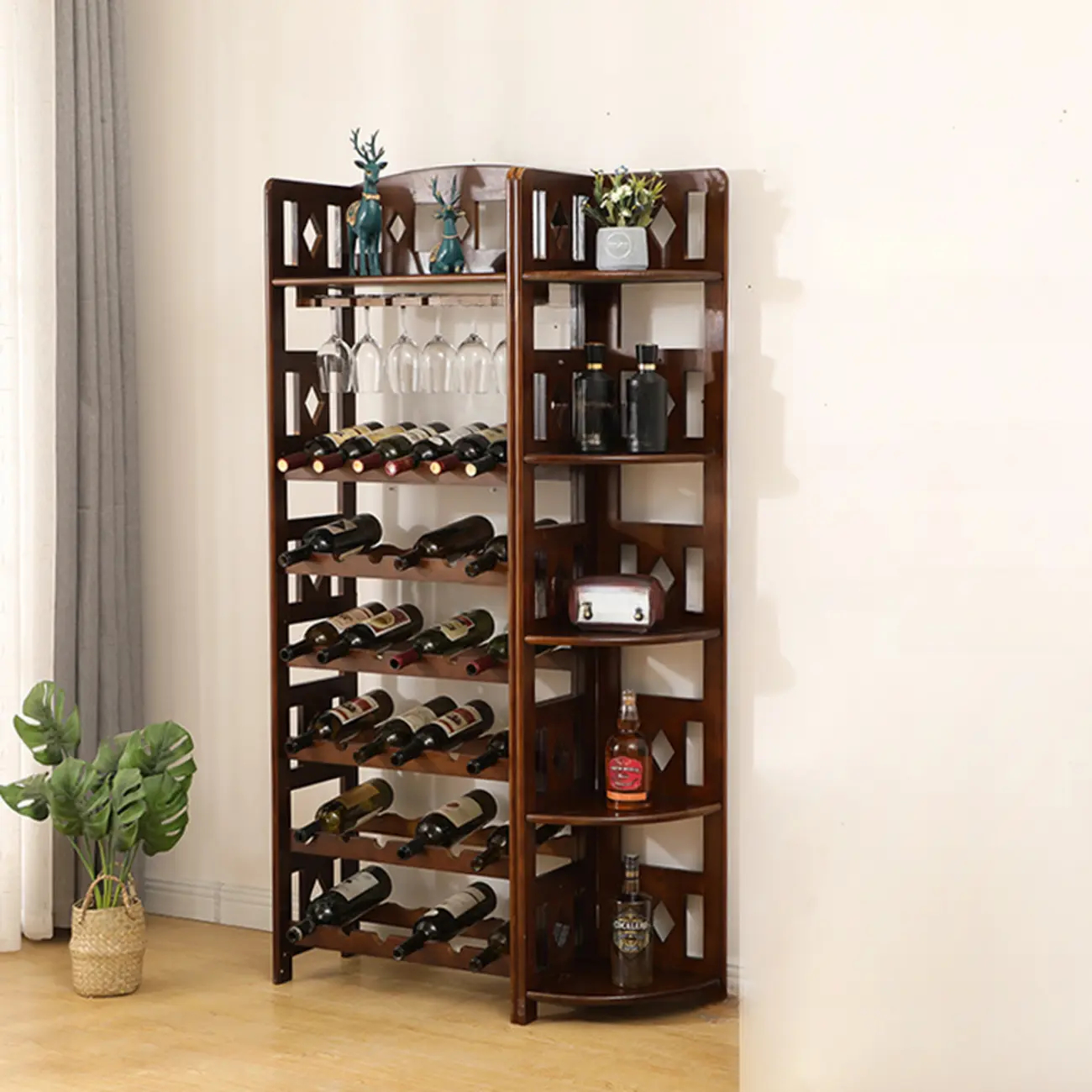Free Standing Pine Wood Wine Racks with Bar Glass Holder Shelf