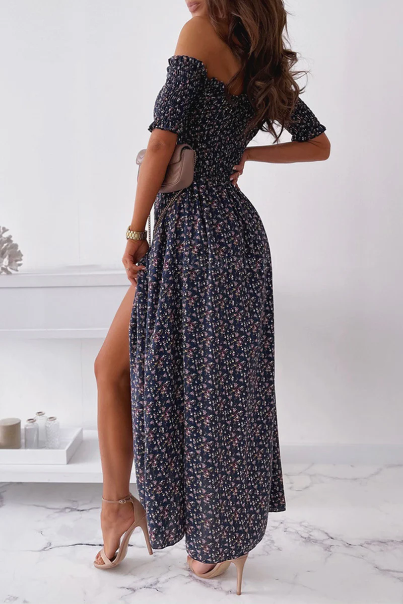 hulianfu Elegant Floral Slit Fold Off the Shoulder Waist Skirt Dresses(5 Colors) - Deanwangkt
