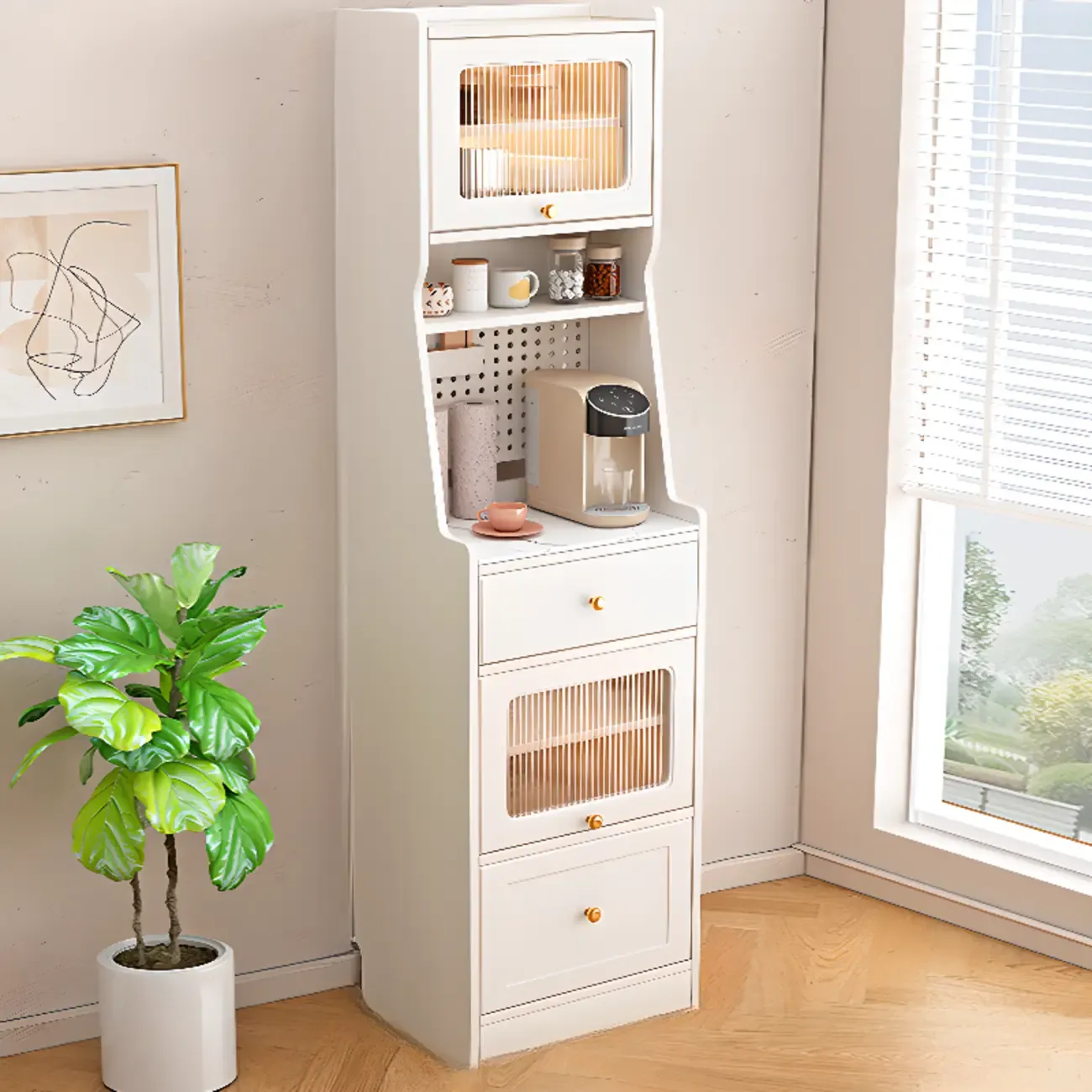 Tall White Stone Countertop Wood Sideboard for Kitchen