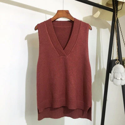 Autumn Women's Sweater Vest V-neck Sleeveless Irregular Casual Loose Knitted Pullover Tops Female Outerwear - Deanwangkt