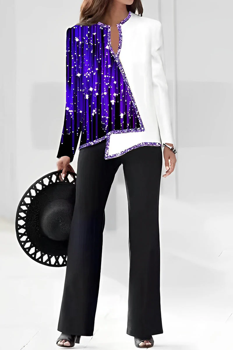 hulianfu Casual Print Asymmetrical V Neck Long Sleeve Two Pieces - Deanwangkt