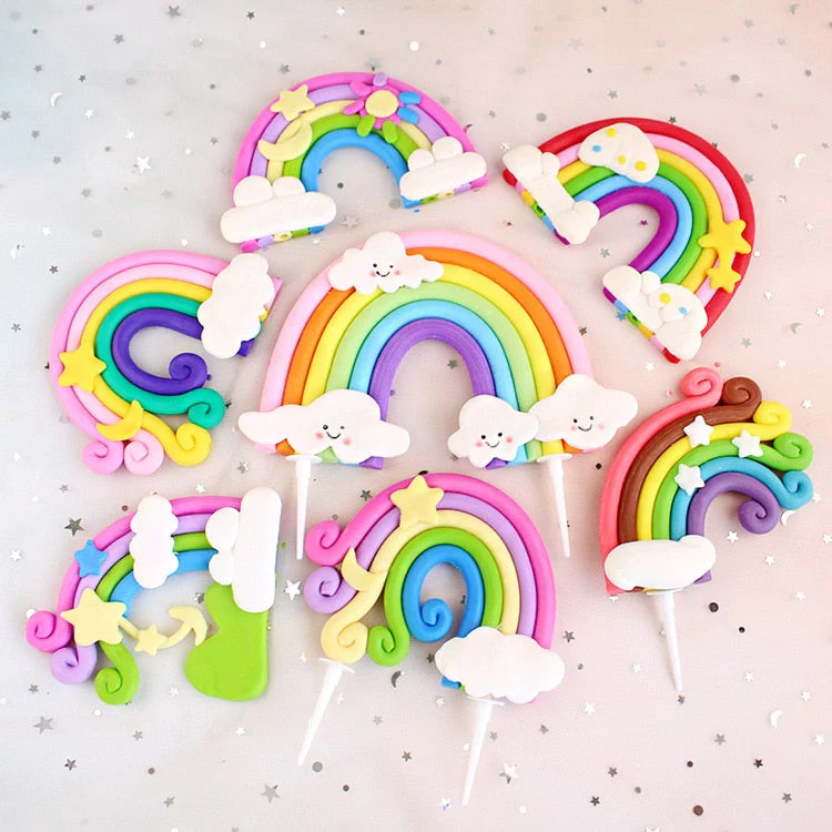 HULIANFU Rainbow Cake Topper Star Cloud Cupcake Decor Sofa Clay Cake Decor Baby Shower One 1st Happy Birthday Party Decor Kids Girl Boy - Deanwangkt