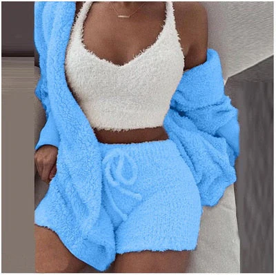 Three Piece Sexy Fluffy Outfits Plush Velvet Hooded Cardigan Coat+Shorts+Crop Top Women Tracksuit Sets Casual Sports Sweatshirt - Deanwangkt