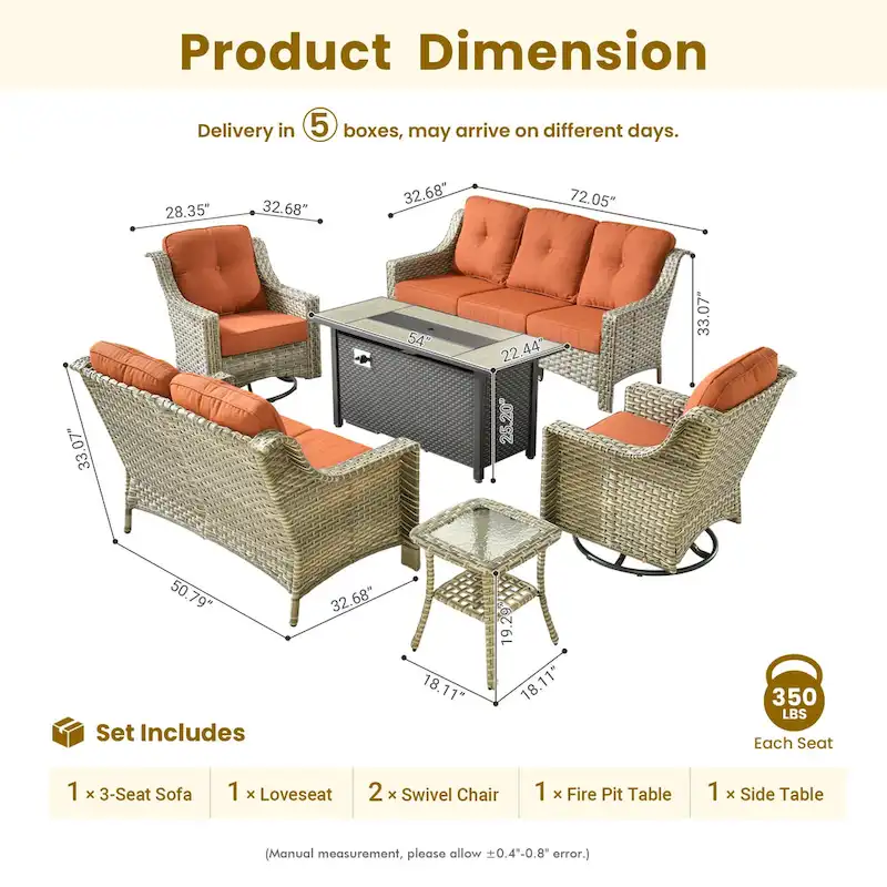 XIZZI 6-piece Patio Wicker Furniture Set with Fire Pit Table