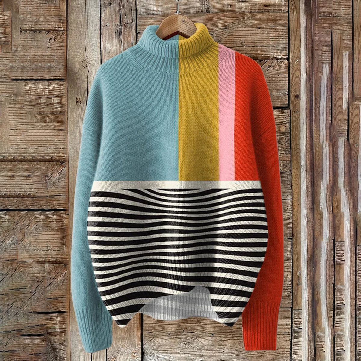 Special High Neck Long Sleeve Striped Print Sweater