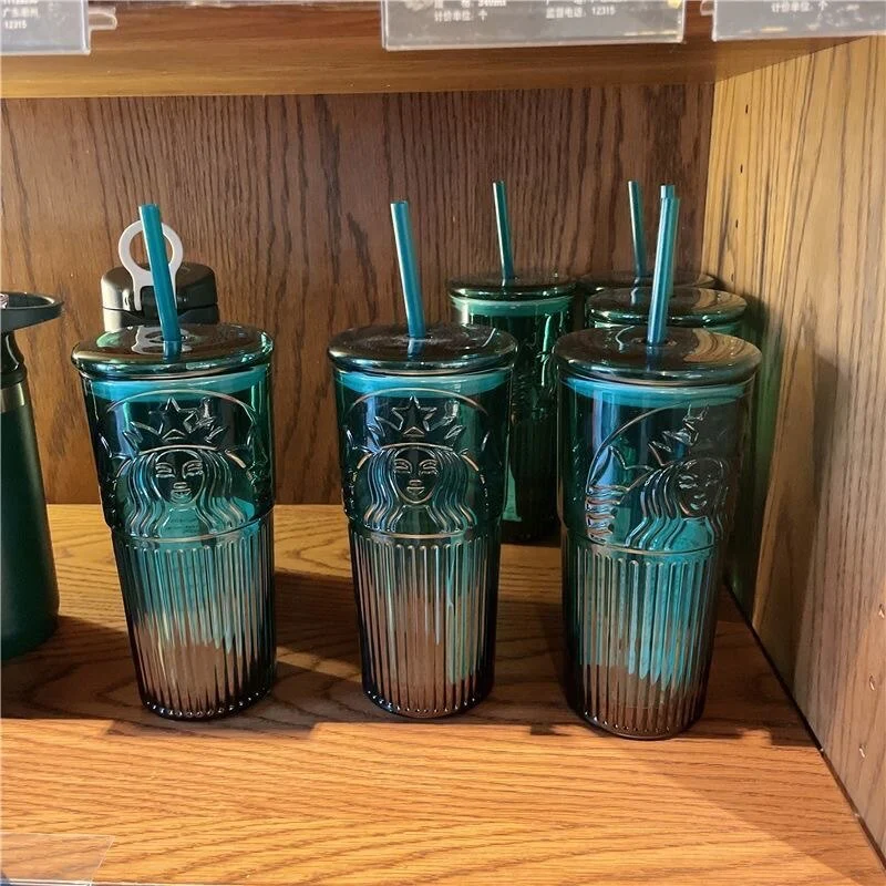 HULIANFU Large capacity 550ml green color Mermaid print Lead-free glass cups with lid and straw - Deanwangkt