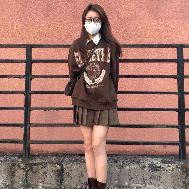 hulianfu Y2K Vintage Brown Sweatshirts Women Streetwear Egirl Aesthetic Letter Oversize Hoodies Harajuku Korean Style Female - Deanwangkt