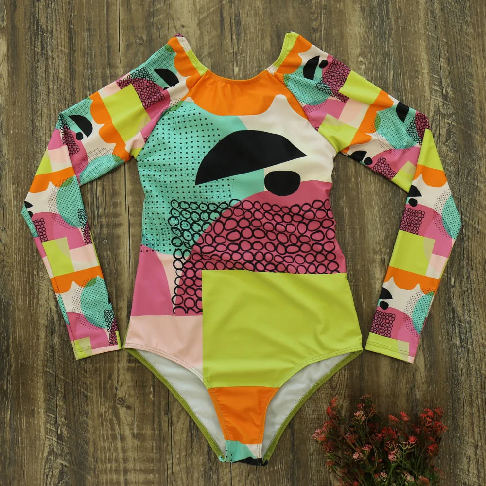 Long Sleeve Print Floral New One Piece Swimsuit Swimwear Women Bathing Suit Backless Swimsuit Vintage Surfing Swim Suit - Deanwangkt