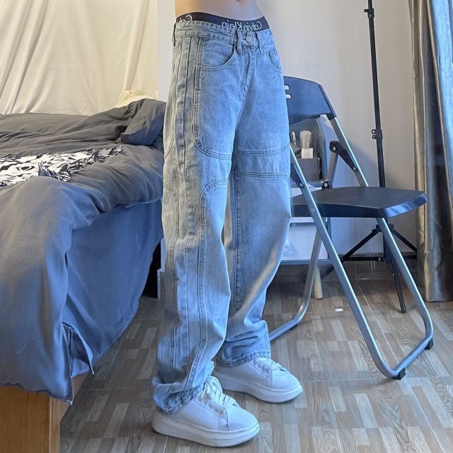Hulianfu Cotton Straight Jeans Men Women's Retro Washed High Street Loose Cargo Pants Stitching Casual Wide-Leg Trousers Men Loose Jeans - Deanwangkt