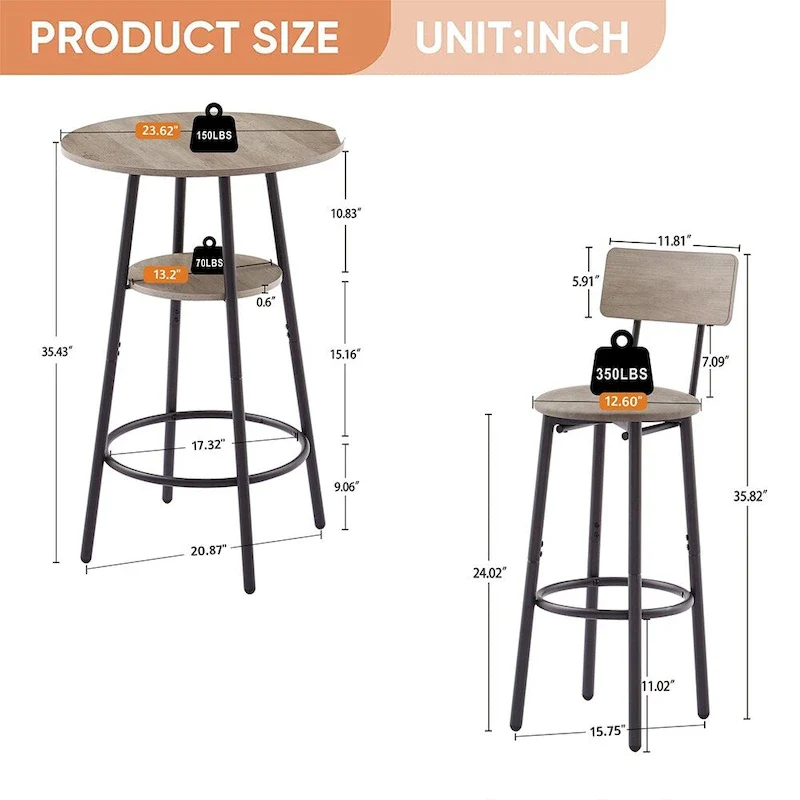 3 Pcs Dining Set, 2-Tier Round Bistro Bar Table & Upholstered Chair