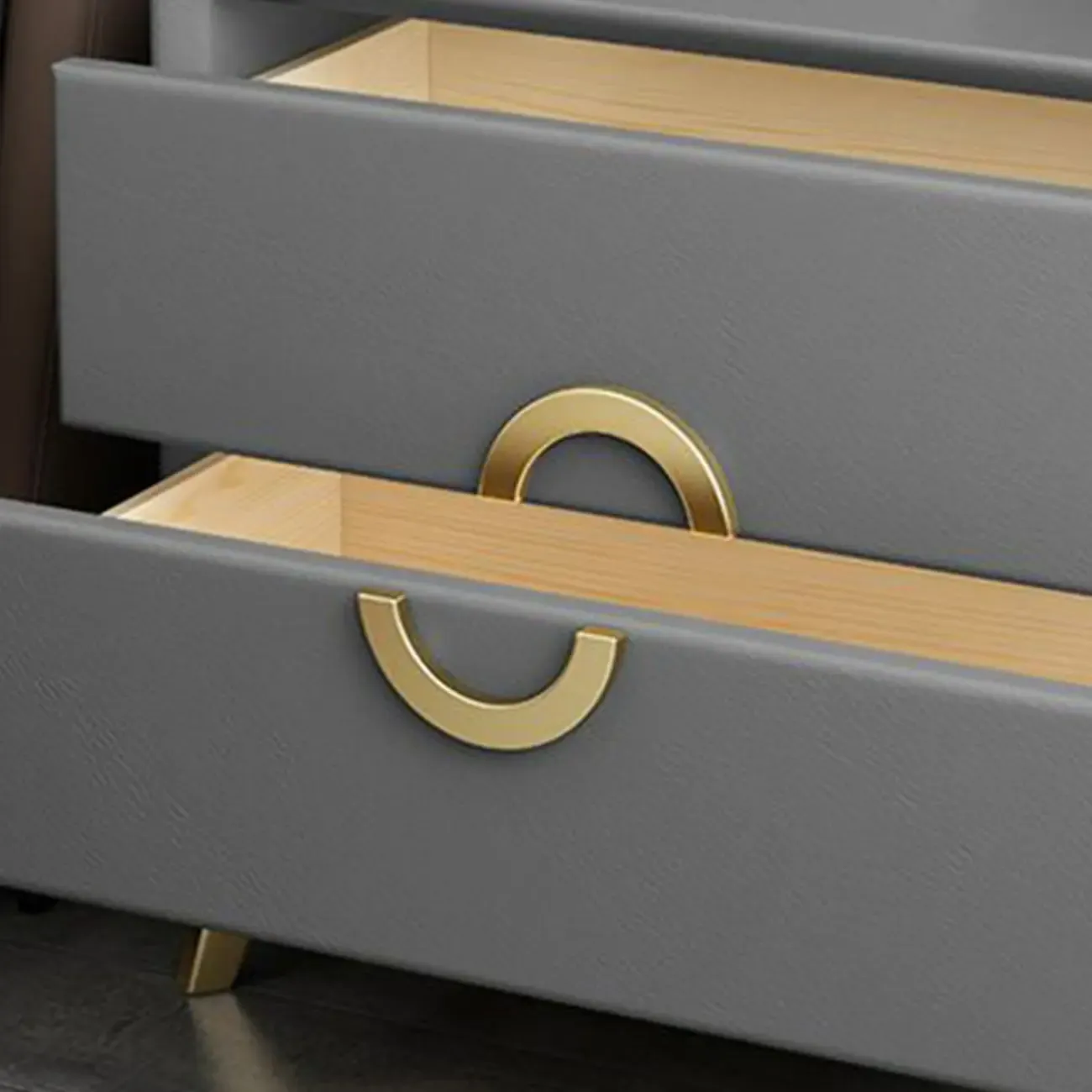 Chic Khaki Leather Gold Accents 2-Drawer Nightstand