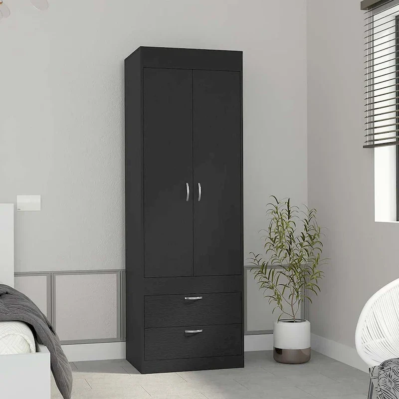 18.9   Modern Double-door Armoire with Two Bottom Drawers and Hanging Rod for Bedroom