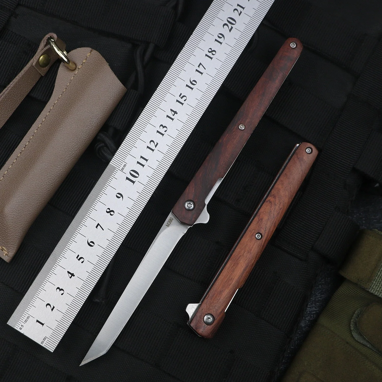 HULIANFU M390 Steel Folding Knife with Holster Wooden Handle Damascus Pattern High Hardness Outdoor Hunting Knife  Camping Survival Tools - Deanwangkt