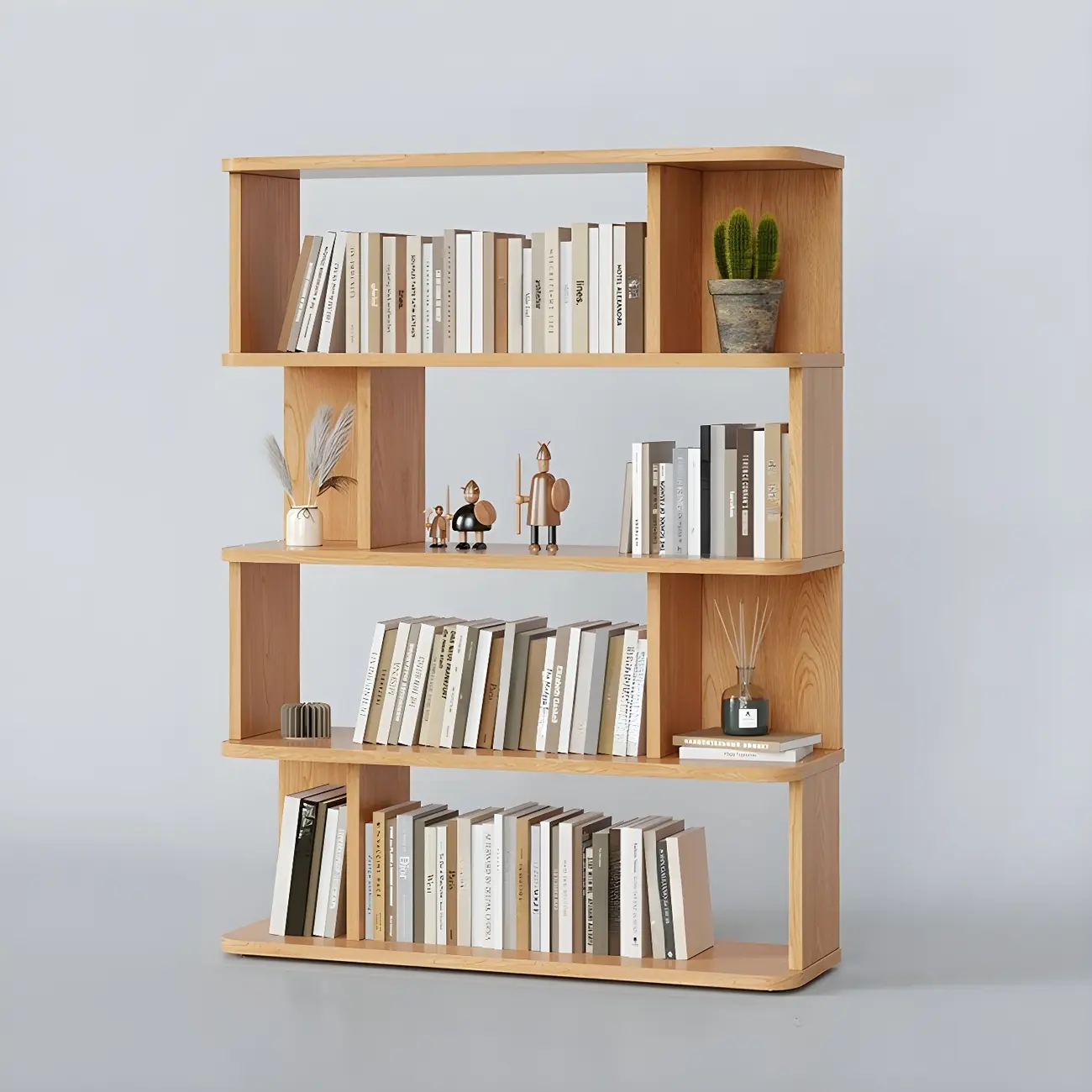 Tall Modern Walnut Open Back 6-Shelf Wood Bookcase