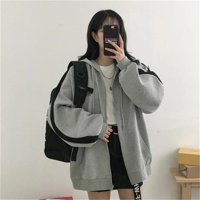 Women Korean Version Loose Hoodies Long Sleeve Zip Up Solid Pocket Oversized Sweatshirts Female Thin Harajuku Hooded Coat Top - Deanwangkt