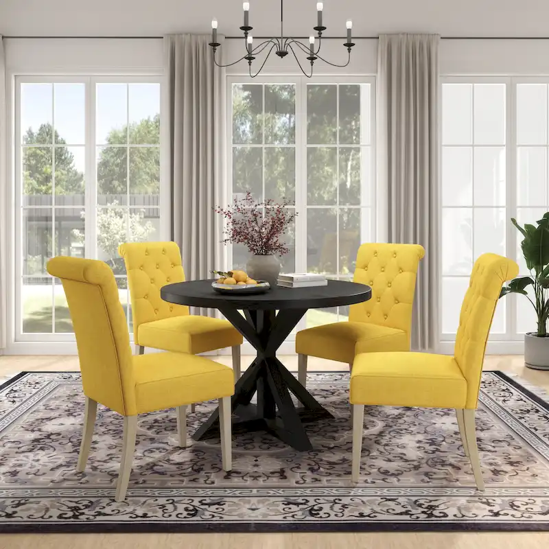 5 Piece Dining Table Set, Wooden Kitchen Furniture Set, Round Table with Cross-Buck Pedestal Base and 4 Tufted Chairs