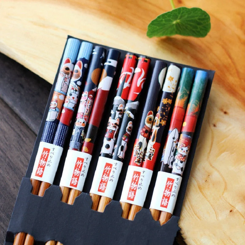 HULIANFU Reusable 5 Pair Set Handmade Bamboo Japanese Natural Wood Chopsticks Sushi Food Cat Flower Multi color Wooden Chop sticks - Deanwangkt