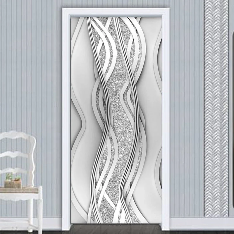 HULIANFU 2026  Modern PVC Door Sticker Self Adhesive Vinyl Silver Water Wave Pattern Waterproof Wall Sticker Home Decor Wallpaper - Deanwangkt