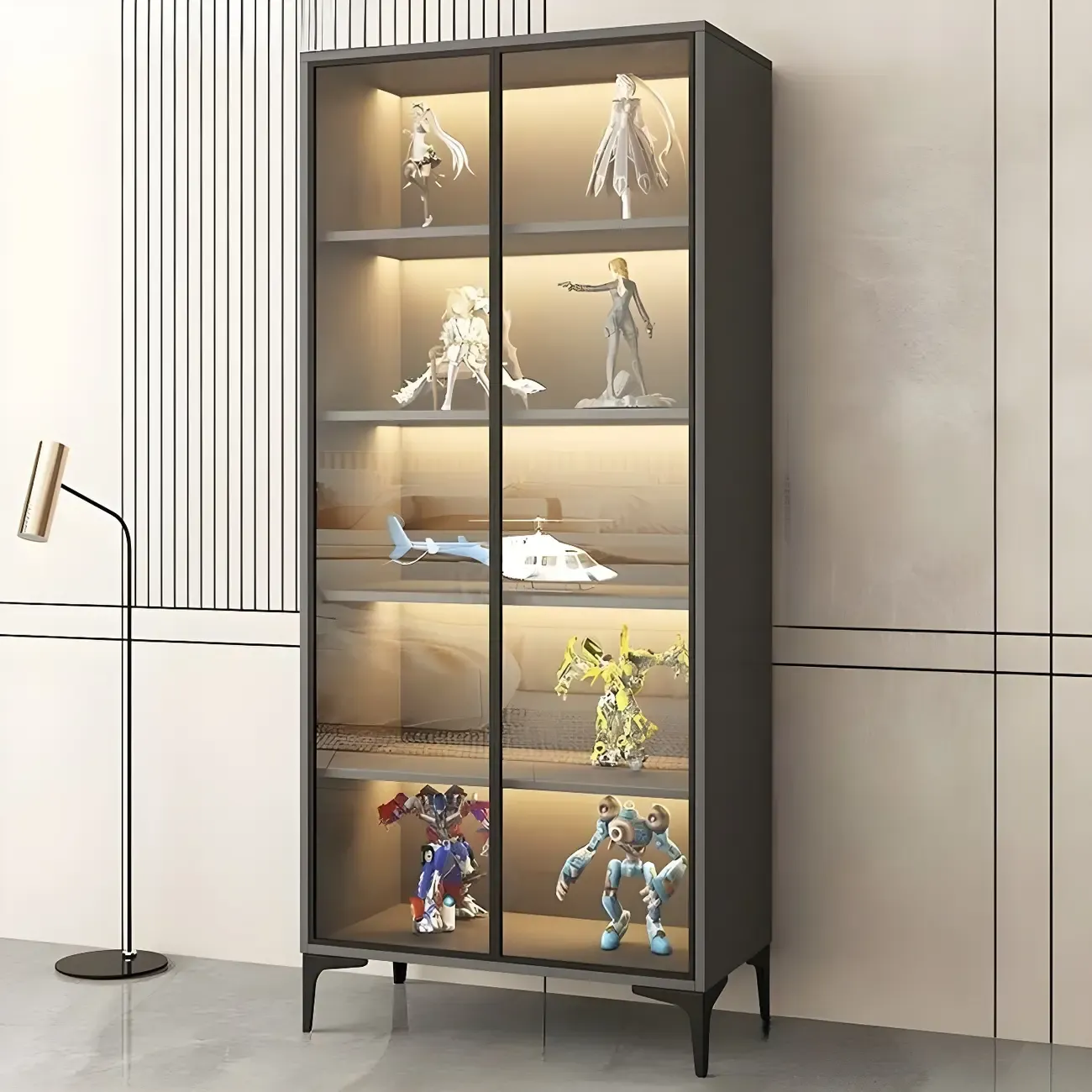 Freestanding Black Tempered Glass Wood Display Cabinet