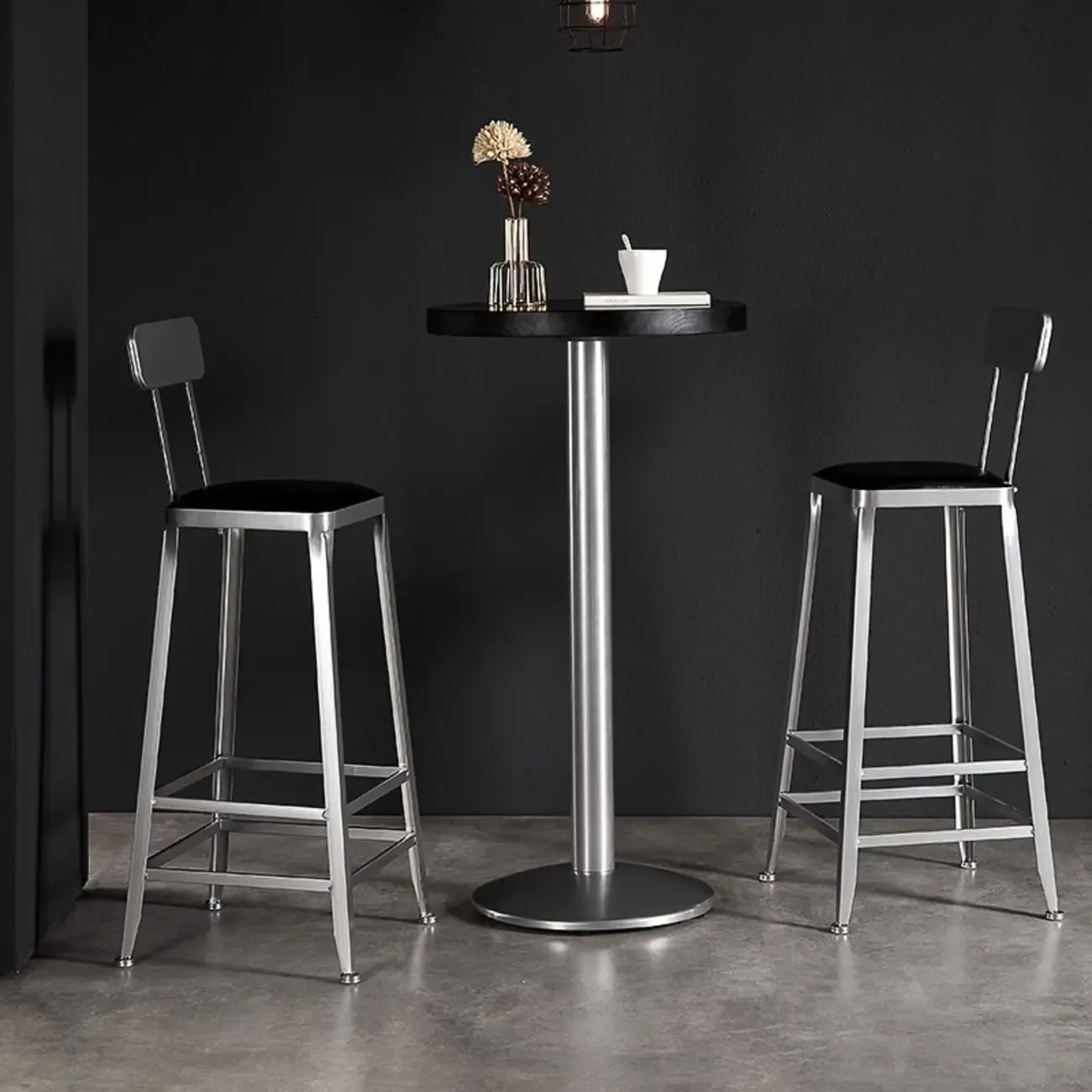 Modern Black Round Wooden Silver Metal Pedestal Bar Tables