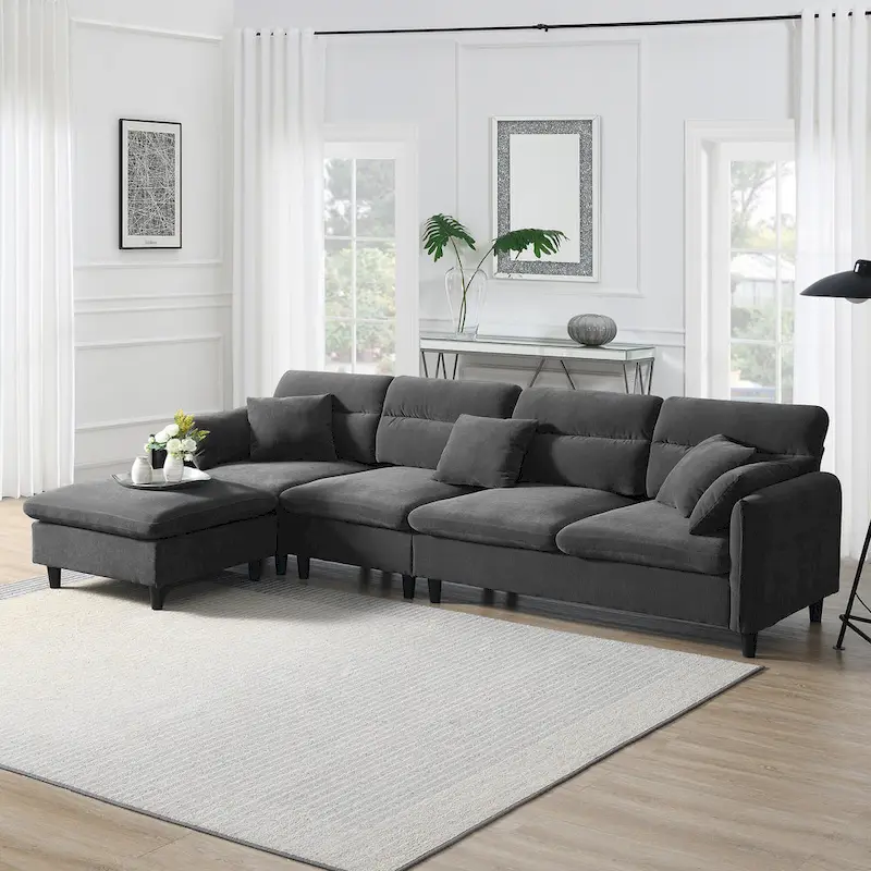 110 Modern L-Shaped Convertible 5-Seat Sectional Sofa with Removable Ottoman and 5 Cushions, Plush Chenille Fabric