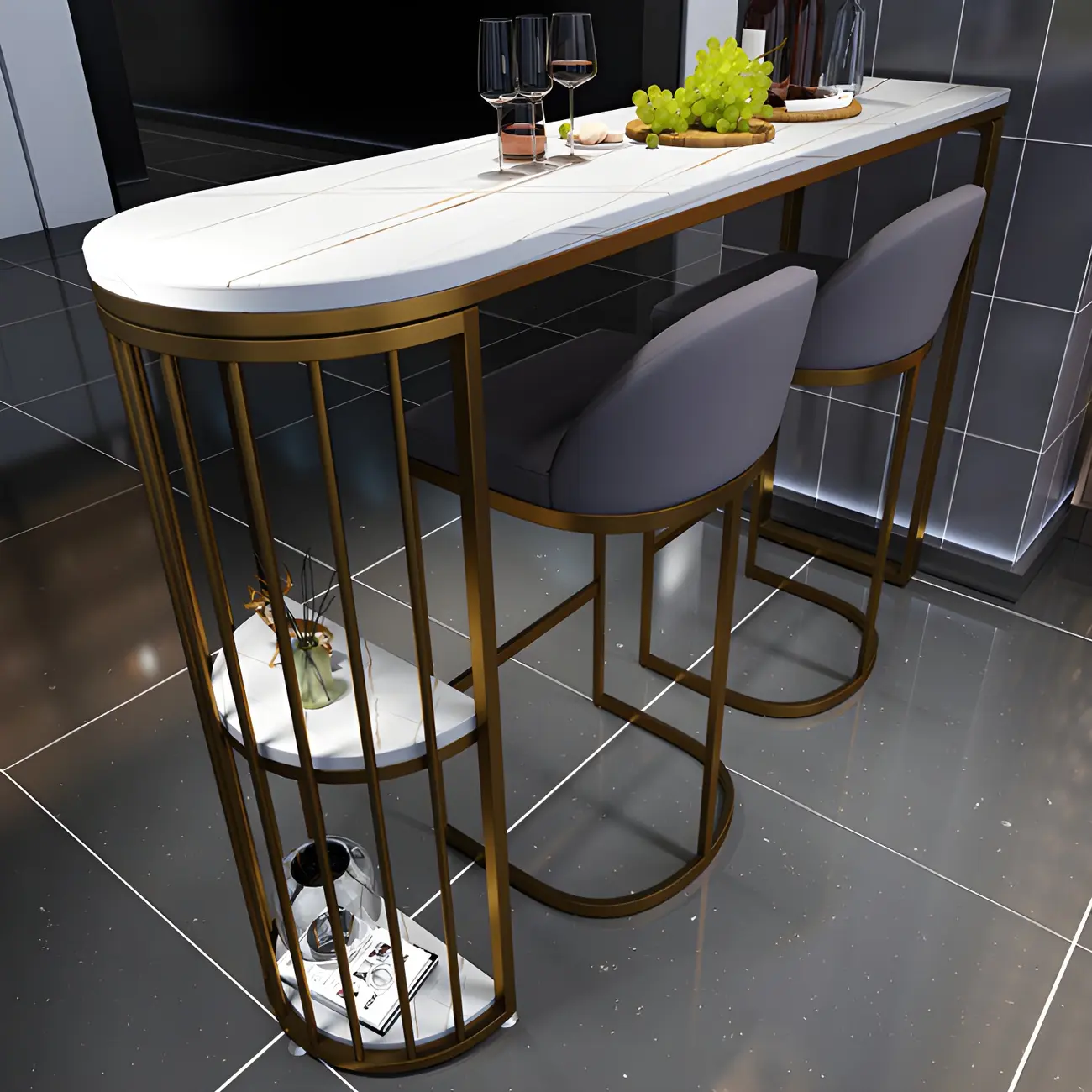 Modern Faux Marble Bar Table with Metal Frame for Kitchen