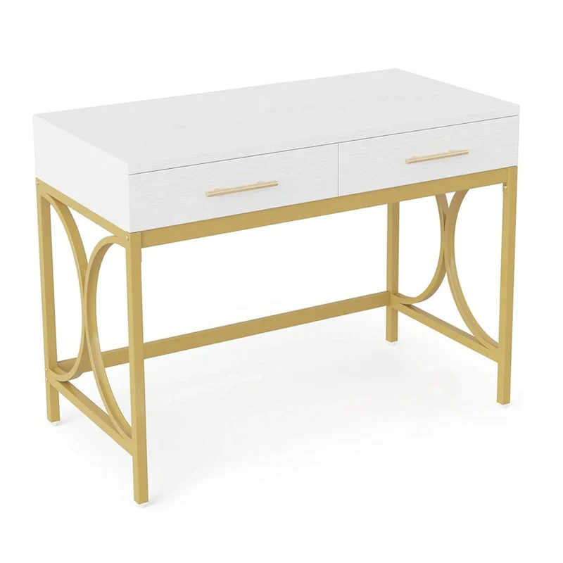 Computer Office Writing Desk, 41 Inch White Top, 2 Drawers, Gold Base