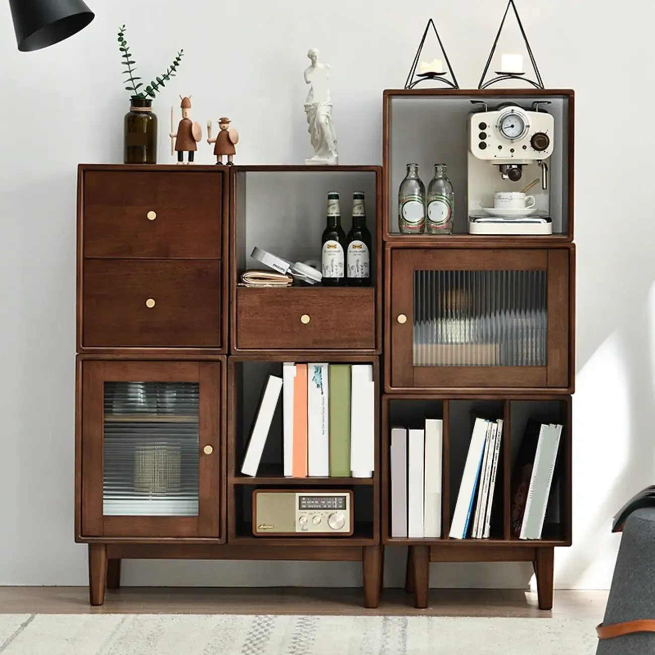 Narrow Modern Wood Brown Vertical Bookcase with Drawers