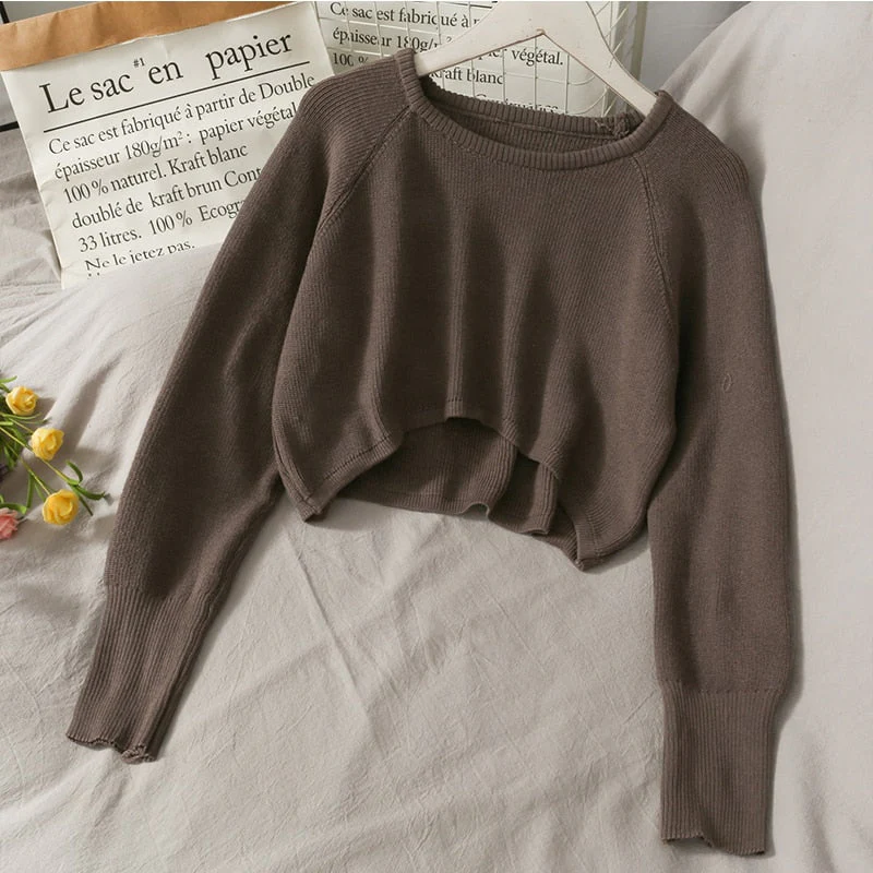 Hulianfu New Autumn Women Solid Sweater O-Neck Loose Sweater Pullover Crop Top Sweaters Shirts Femme Knit Outwear Jumpers - Deanwangkt