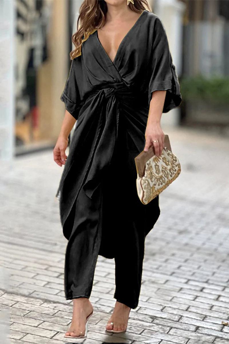 hulianfu Casual Solid Frenulum V Neck Regular Jumpsuits(3 Colors) - Deanwangkt