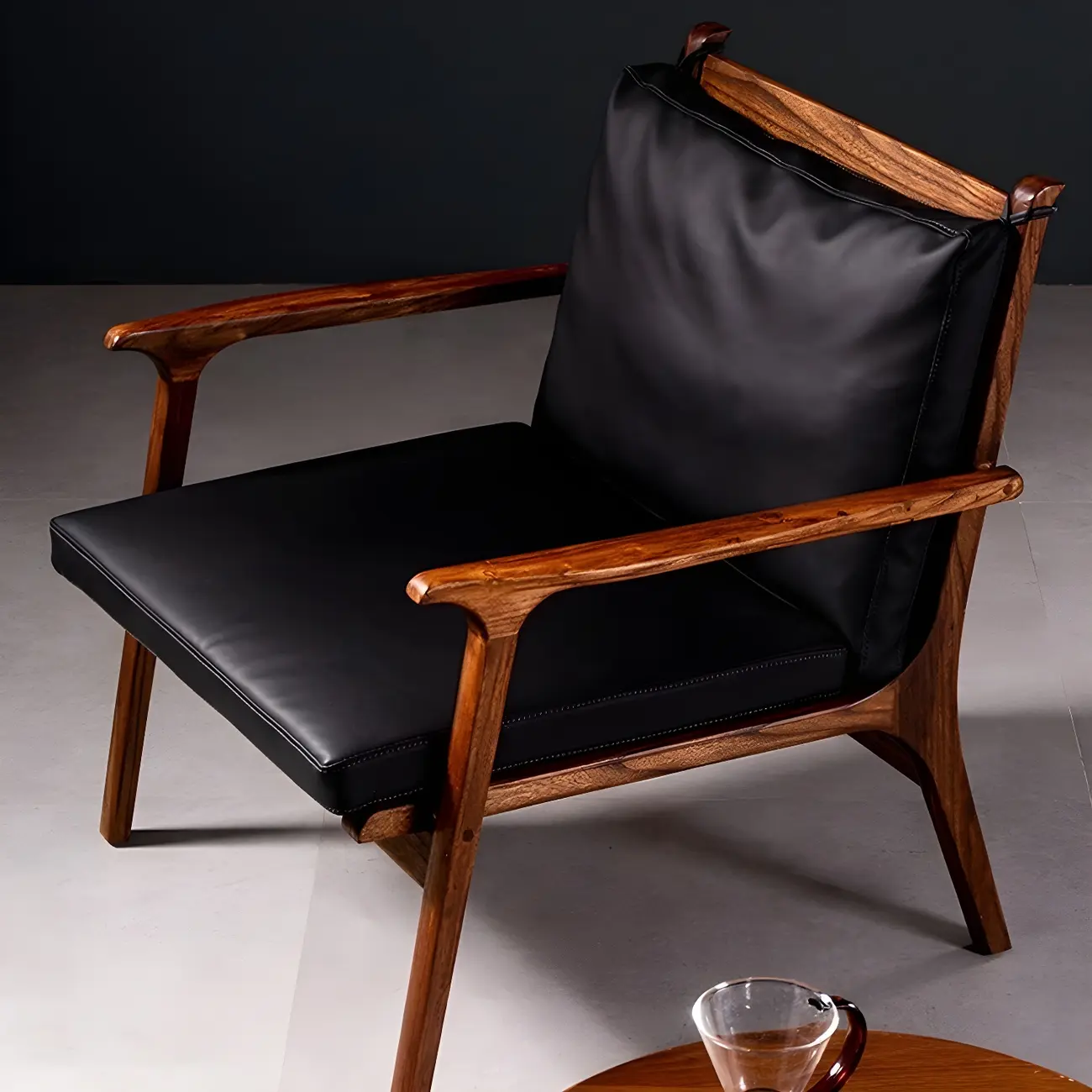 Scandinavian Faux Leather Wood Square Arm Accent Chair