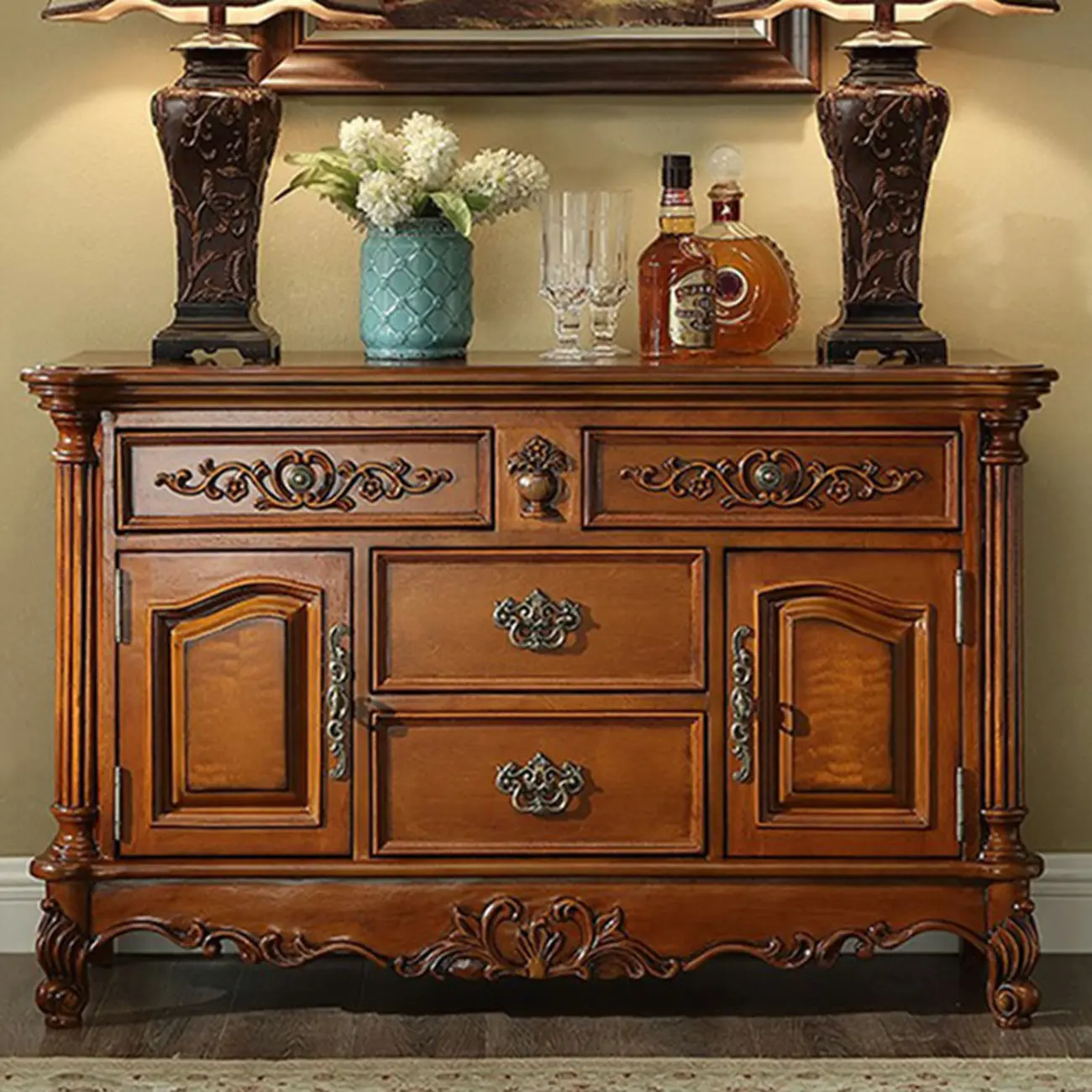 Traditional Brown Rubberwood Sideboard with Drawers