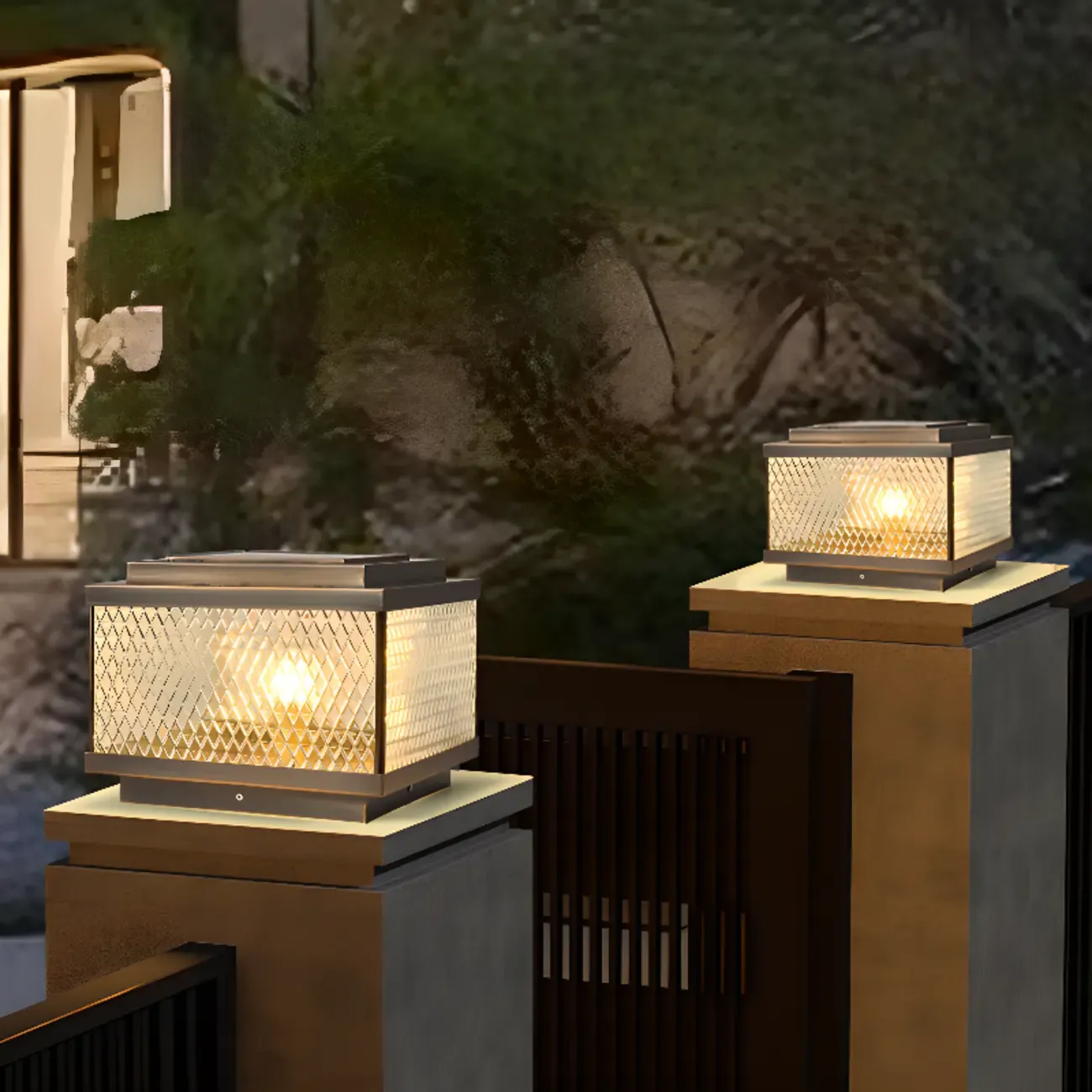 Modern Bronze Patterned Square Solar Outdoor Post Lights
