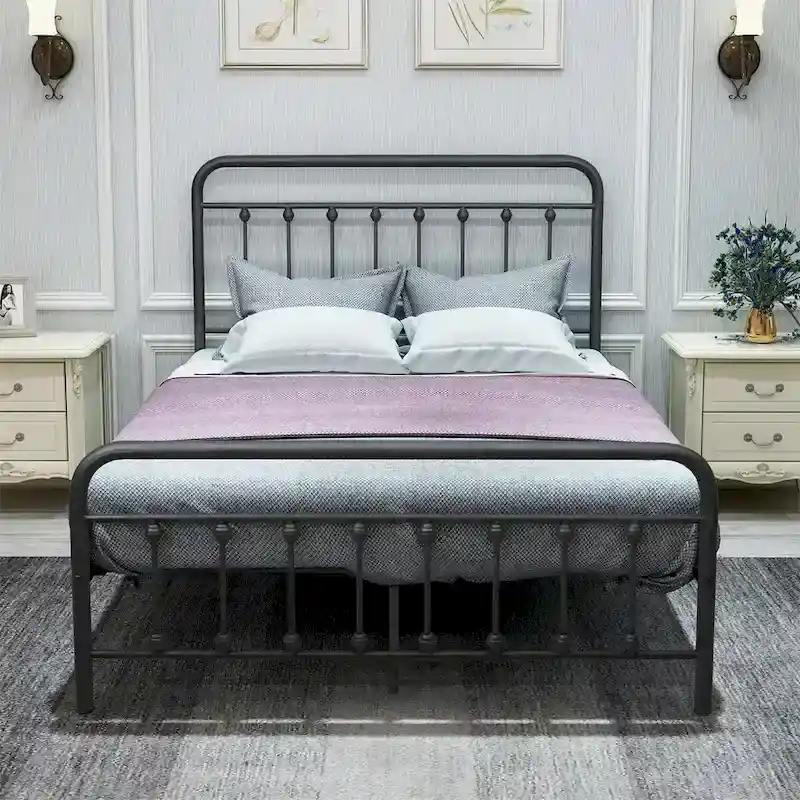 Black Metal Platform Bed Frame, Vintage Headboard, Footboard