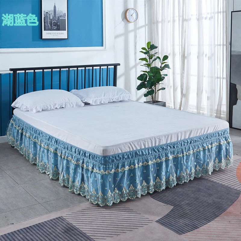 HULIANFU Top Selling Delicate Double Layers Luxury Stereoscopic Embroidered Flowers Lace Ruffle Bed Skirts with Strong Elastic Bed Cover - Deanwangkt