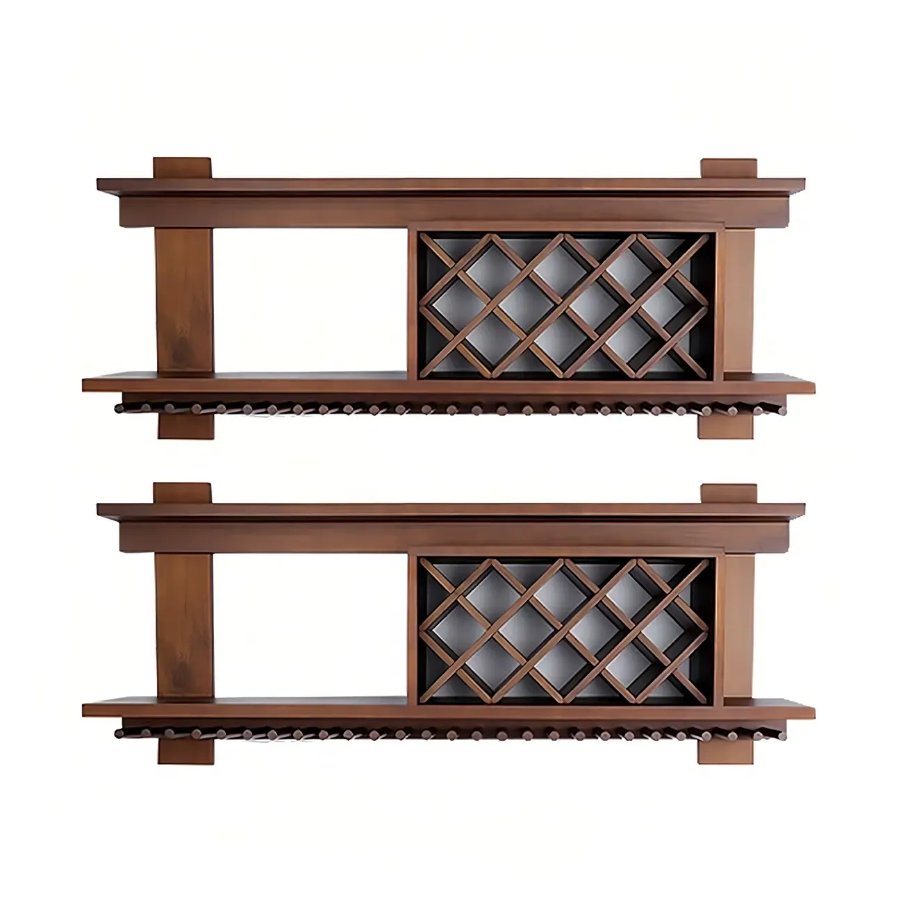 Pine Wooden Wall-Mounted Display Open Wine Bottle & Glass Rack