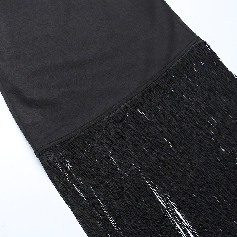 hulianfu Summer Fashion Black Tassel Sexy Tube Top Dress Outfits Women Elegant Evening Party Club Slit Bodycon Mini Dresses  Clothes - Deanwangkt