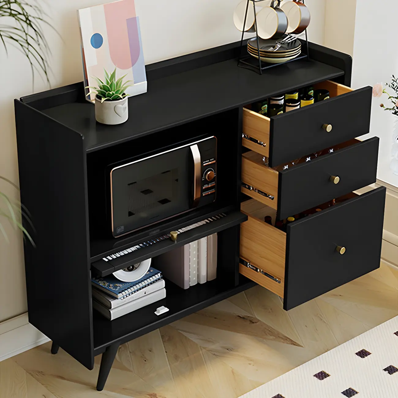 Modern Black Espresso Sideboard with Cabinets & Drawers