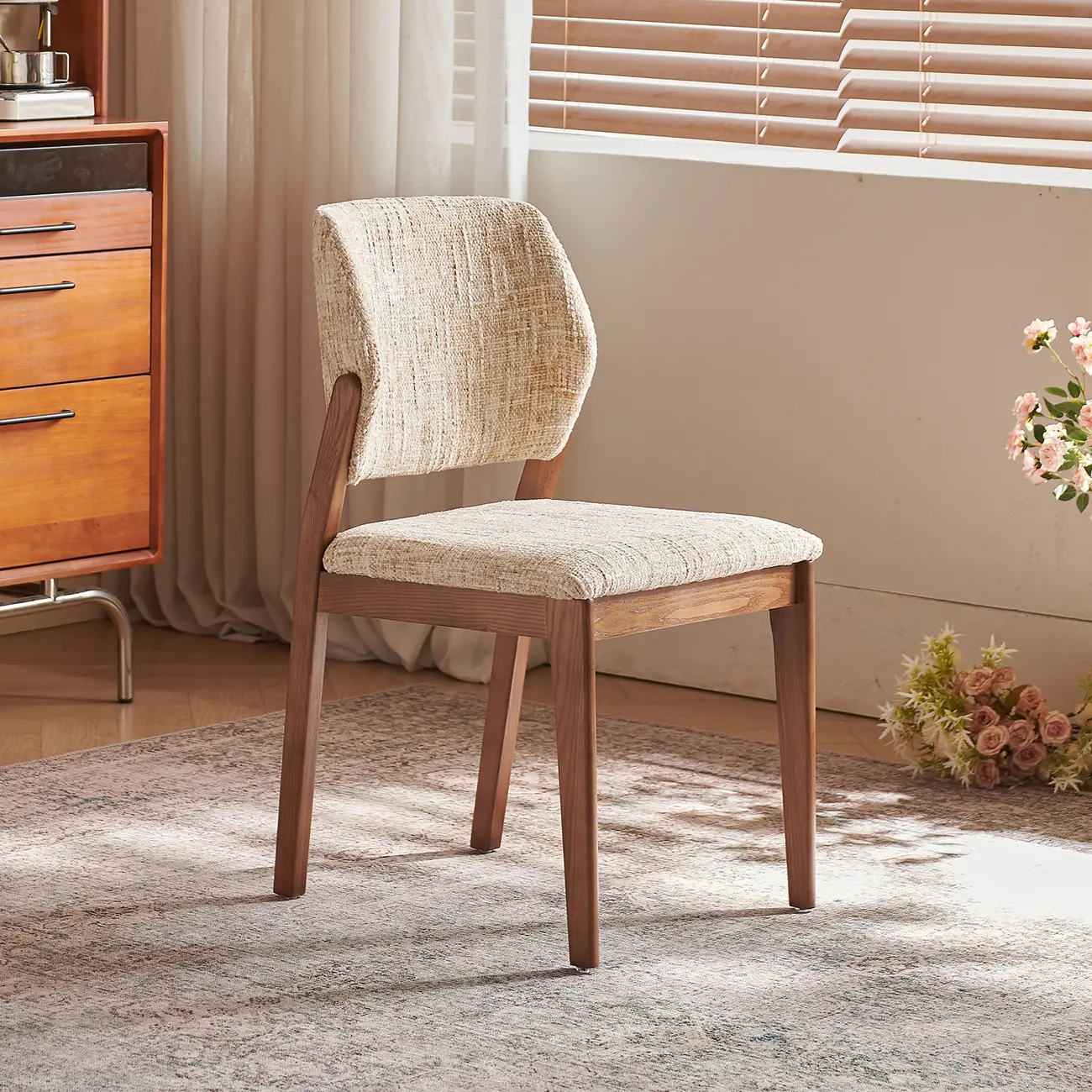 Mid Century Modern Wood Chenille Dining Chair Upholstery