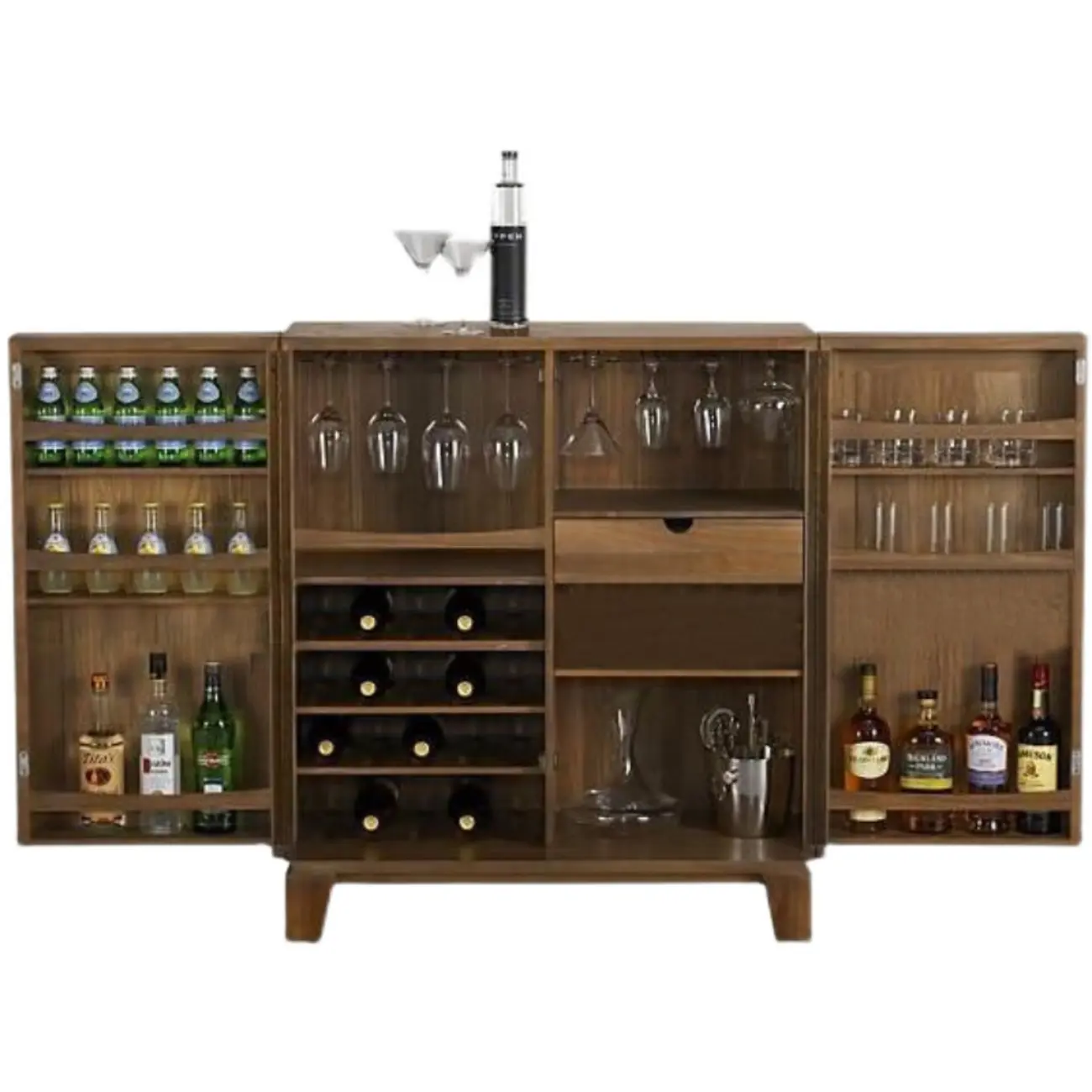 Solid Wood Farmhouse Brown Bar Cabinet Wine Rack
