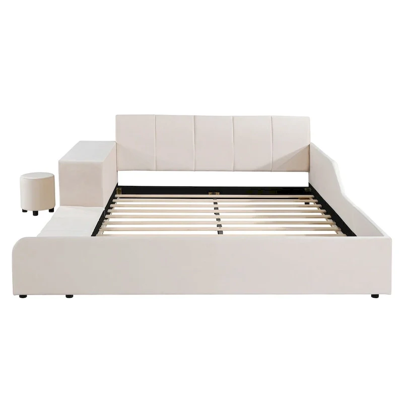 Upholstered Grounded Bed Mother & Child Bed with Bedside Desk and Little Round Stool