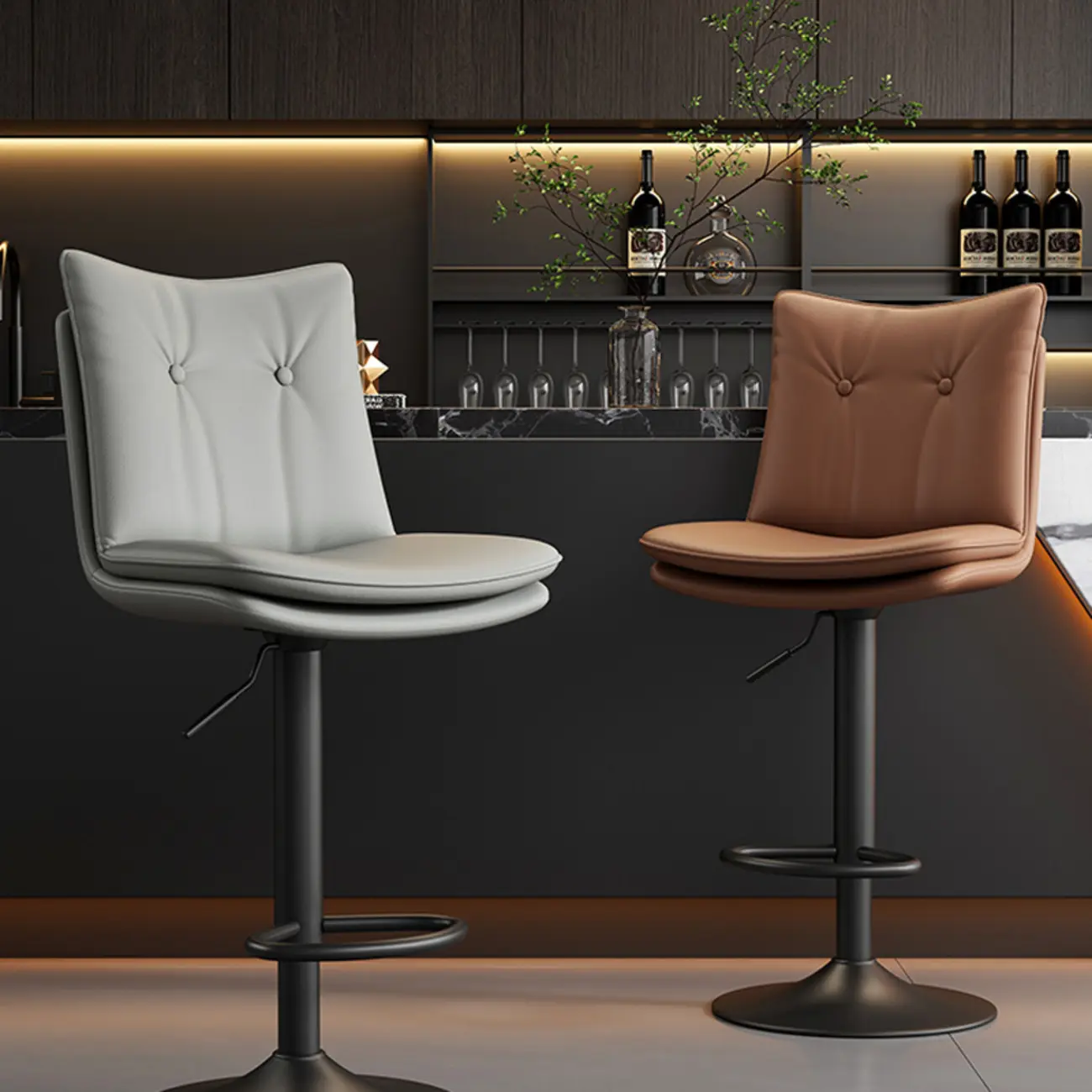 Adjustable Leather Low Back Swivel Bar Stools with Footrest