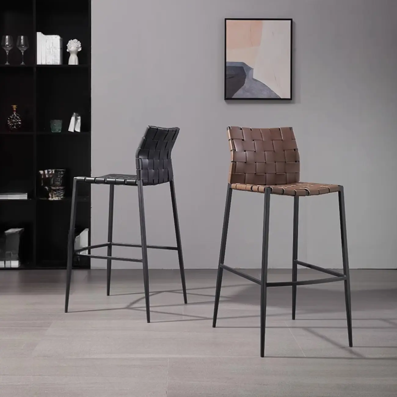Modern Leather Seat Woven Textured Bar Stools with Back