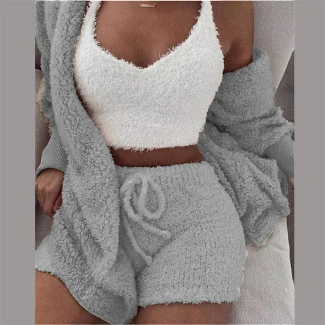 Three Piece Sexy Fluffy Outfits Plush Velvet Hooded Cardigan Coat+Shorts+Crop Top Women Tracksuit Sets Casual Sports Sweatshirt - Deanwangkt