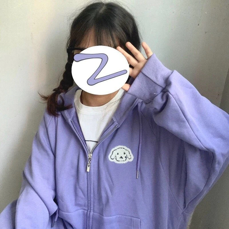 New Japanese Tops Hoodie Women's Kawaii Puppy Embroidered Sweatshirt Cardigan Loose Plus Velvet Jacket Girl Girlfriend Top - Deanwangkt