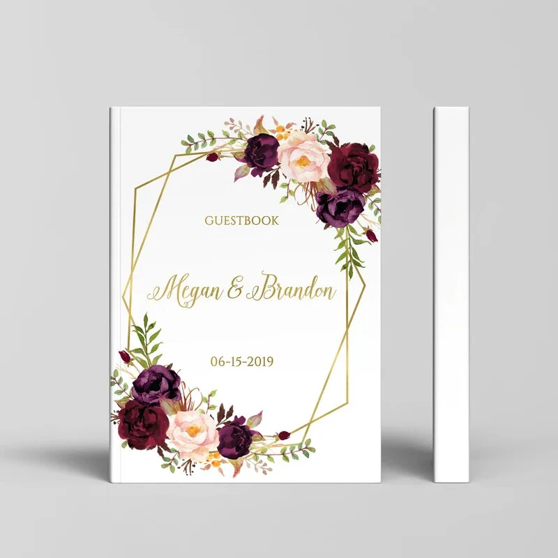 HULIANFU Wedding Guest Book Alternative Geometric Gold Wedding Guestbook Burgundy Floral Personalized Wedding Album Wedding Photo Sign - Deanwangkt