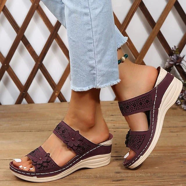 Women's Sandals Boho Bohemia Beach Wedge Sandals Comfort Shoes Outdoor Daily Beach Summer Flower Wedge Heel Round Toe Open Toe Casual Minimalism Walking Shoes PU Leather Faux Leather Loafer Solid - Deanwangkt